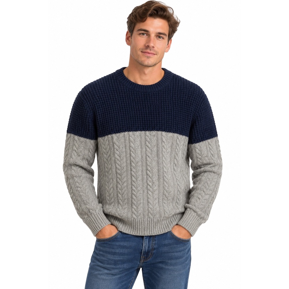 J.Crew Mens Merino Wool Blend Colorblock Cable Waffle Knit Sweater Navy Grey S